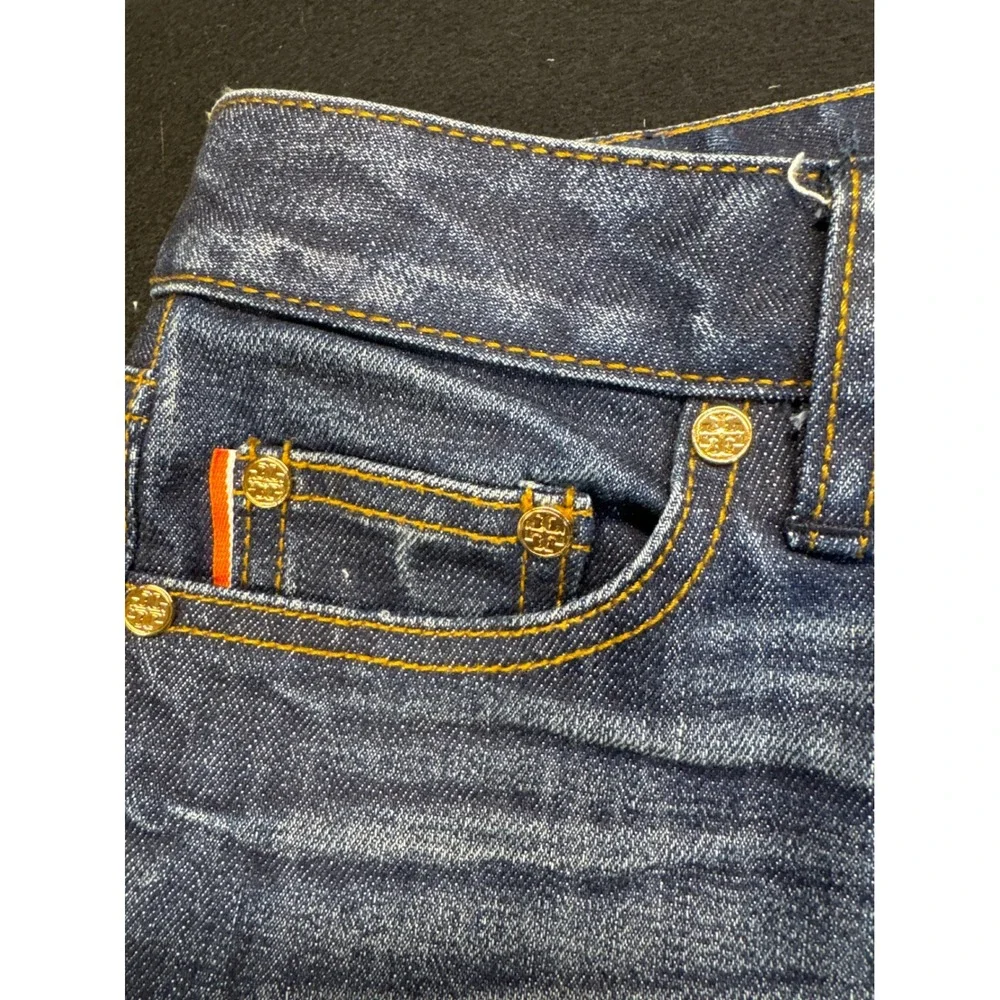Tory Burch Super Skinny Jeans Dark Wash Gold Logo Hardware 22101221 Womens 26